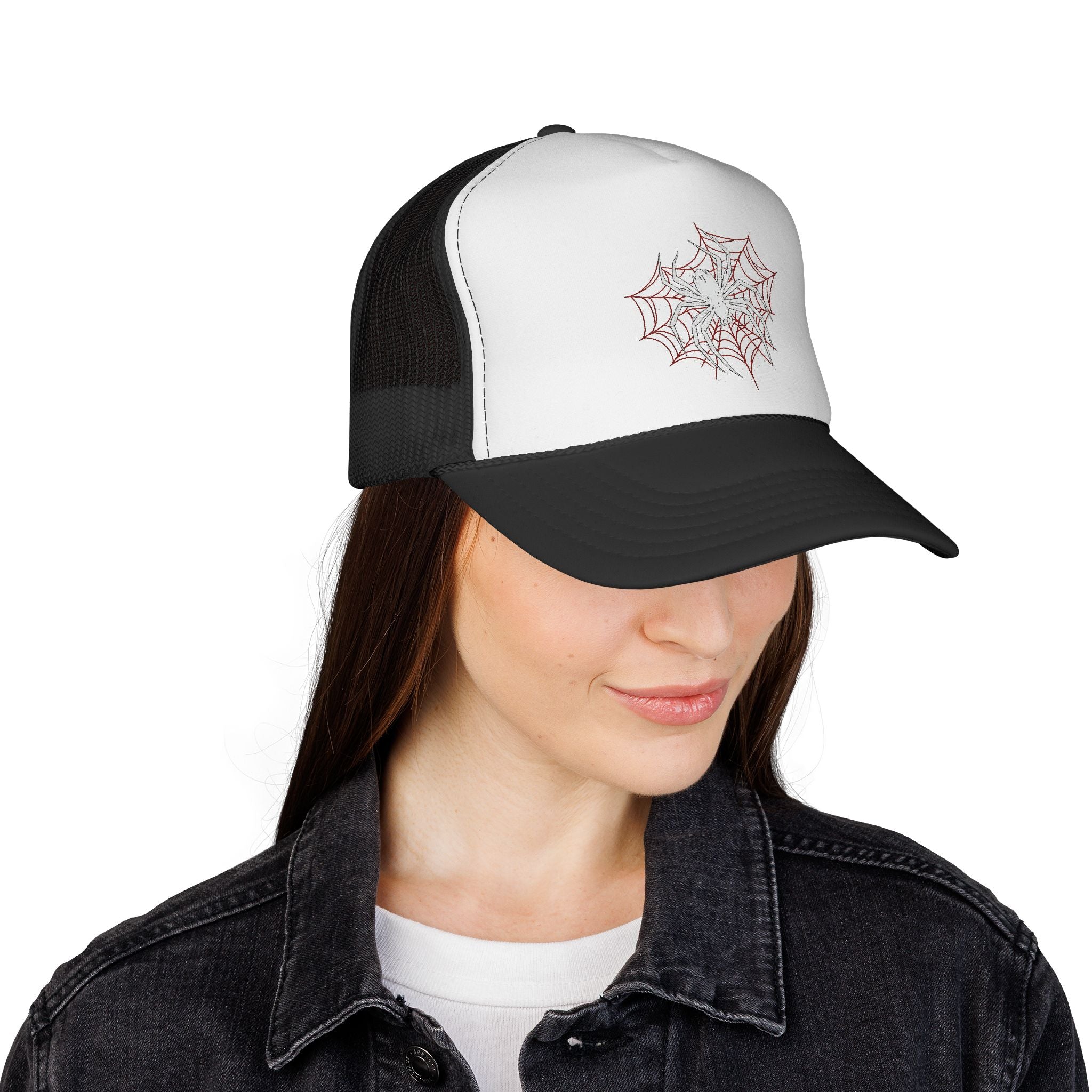 Spider Web Trucker Cap — Gothic Halloween Mesh Hat with Red Accents Printify