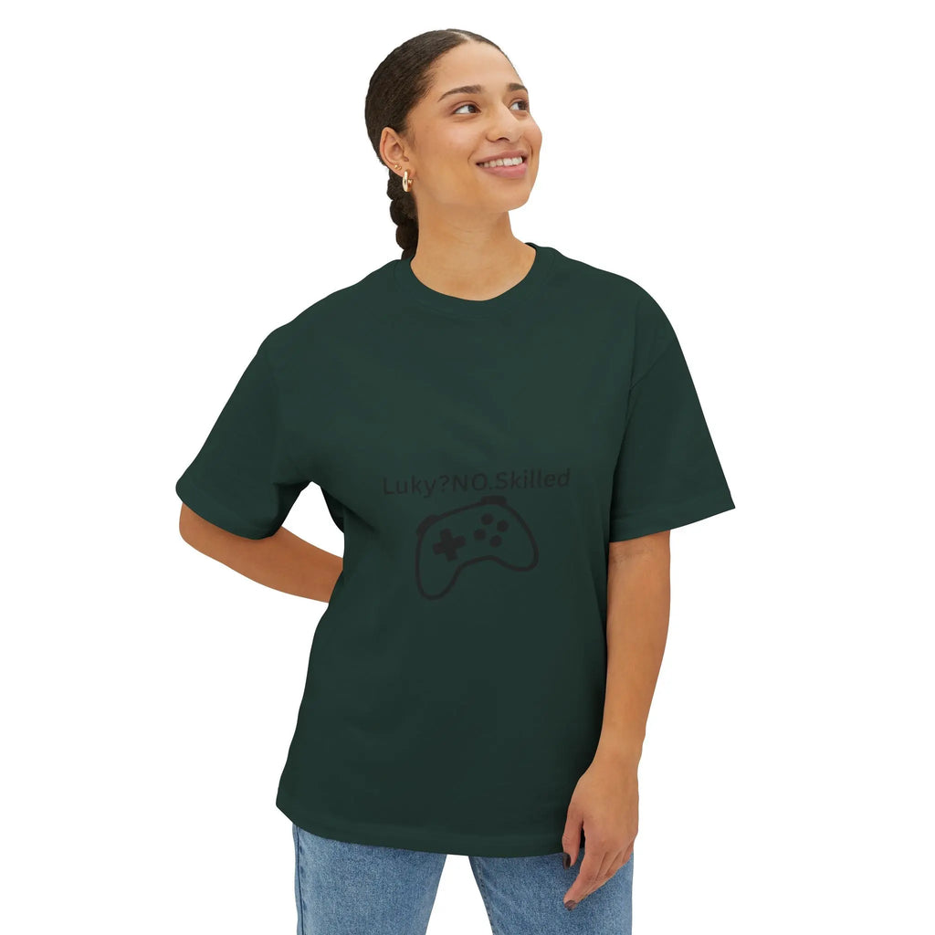 Gaming Controller Tee - "Luky? NO. Skilled" Oversized Boxy T-Shirt Printify