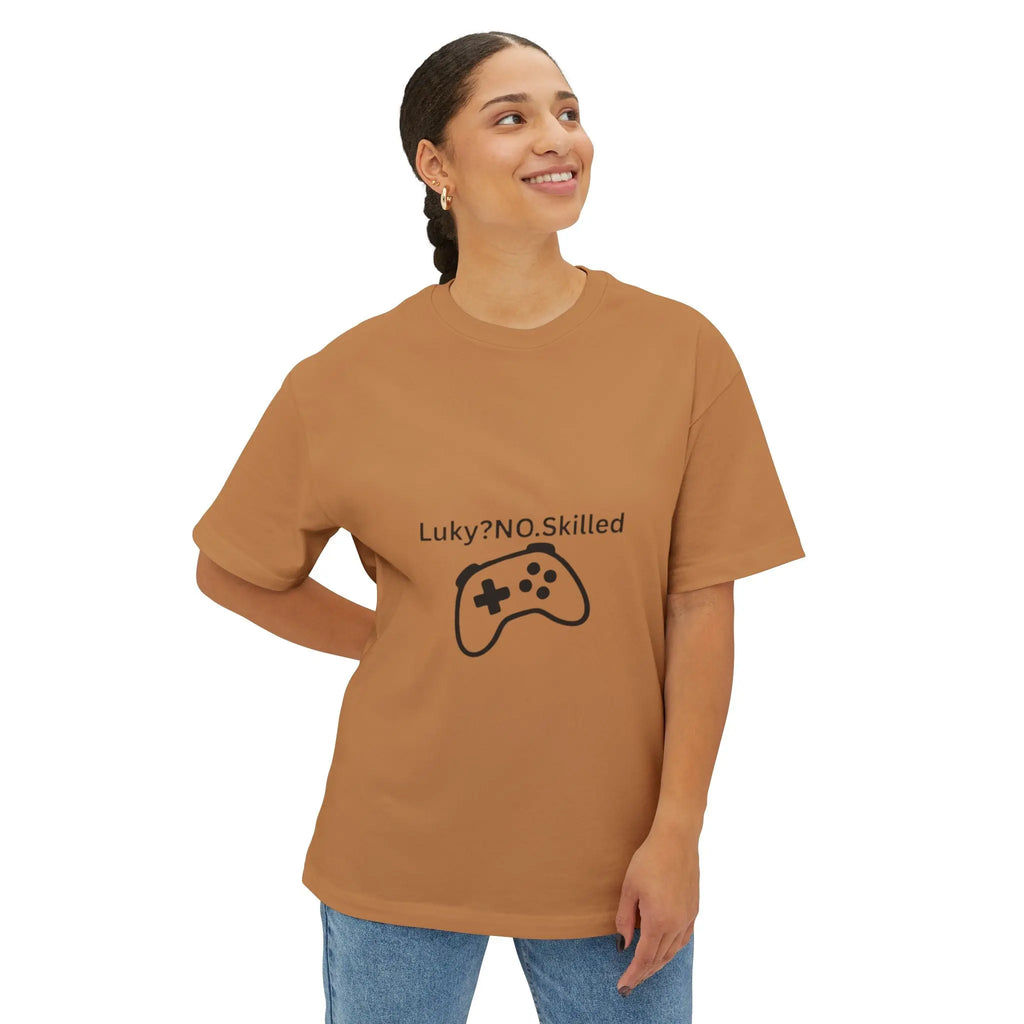 Gaming Controller Tee - "Luky? NO. Skilled" Oversized Boxy T-Shirt Printify