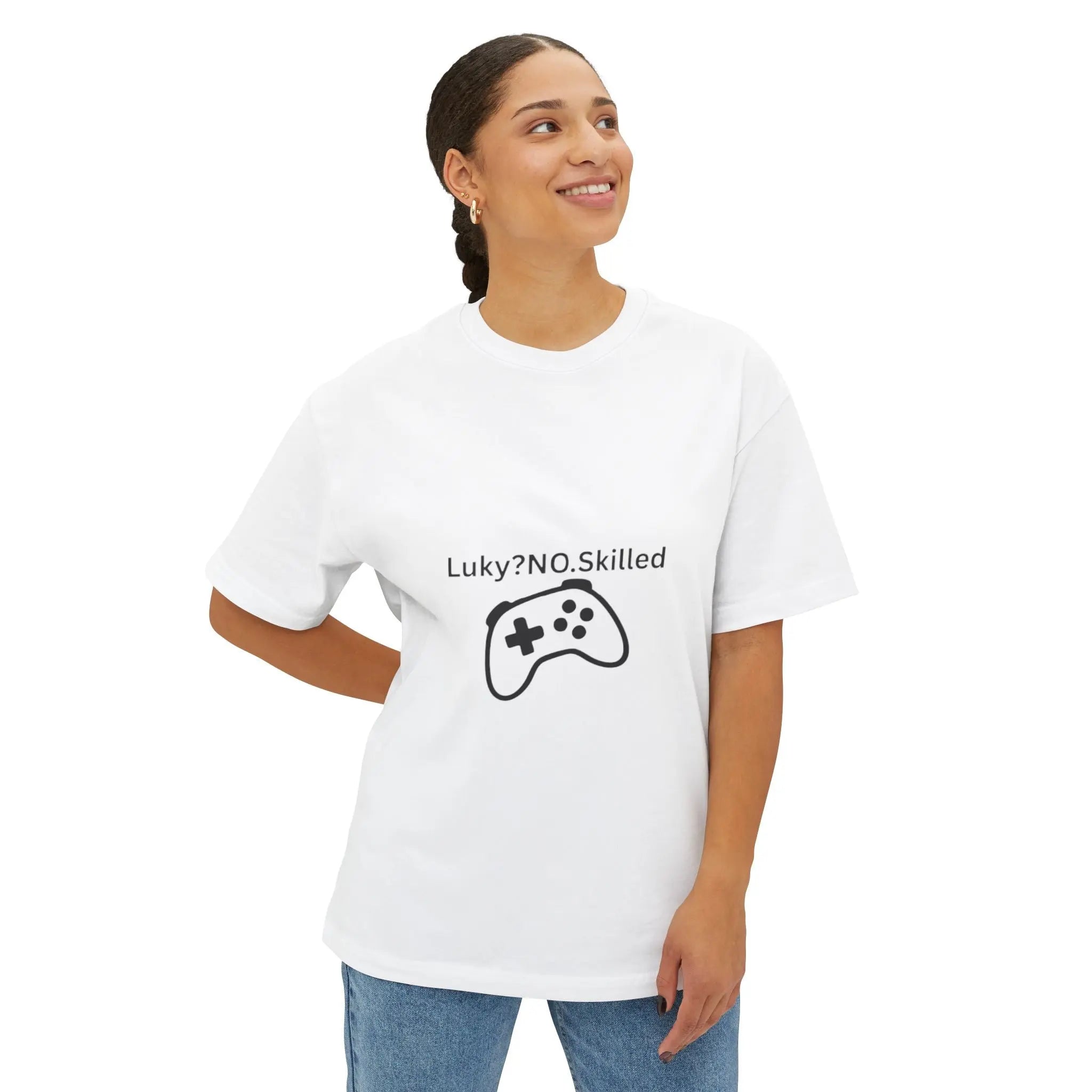 Gaming Controller Tee - "Luky? NO. Skilled" Oversized Boxy T-Shirt Printify