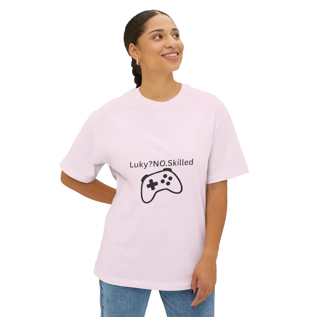 Gaming Controller Tee - "Luky? NO. Skilled" Oversized Boxy T-Shirt Printify