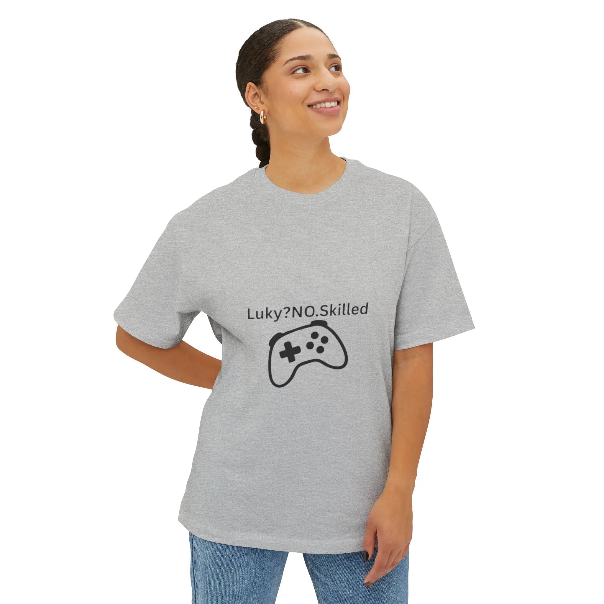 Gaming Controller Tee - "Luky? NO. Skilled" Oversized Boxy T-Shirt Printify