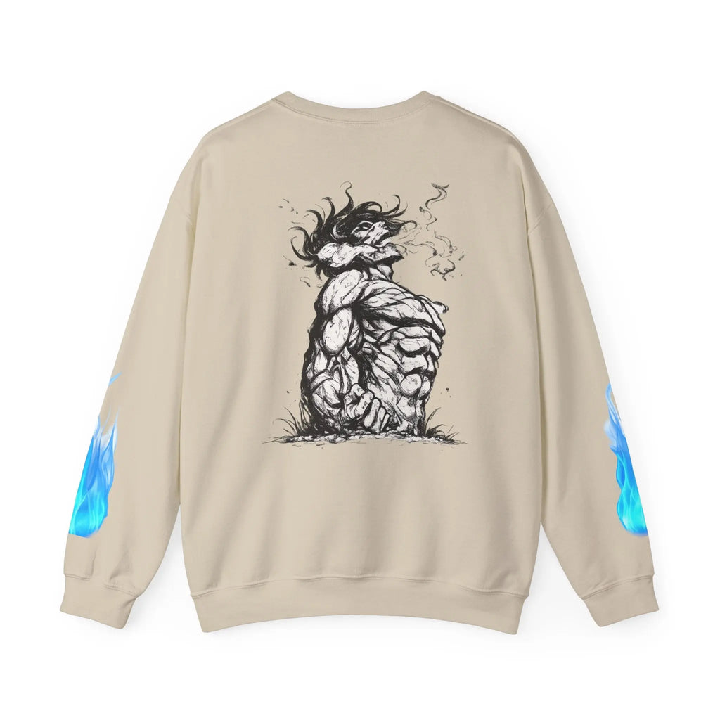 Anime Titan Graphic Sweatshirt — Blue Flame Sleeve Crewneck Printify