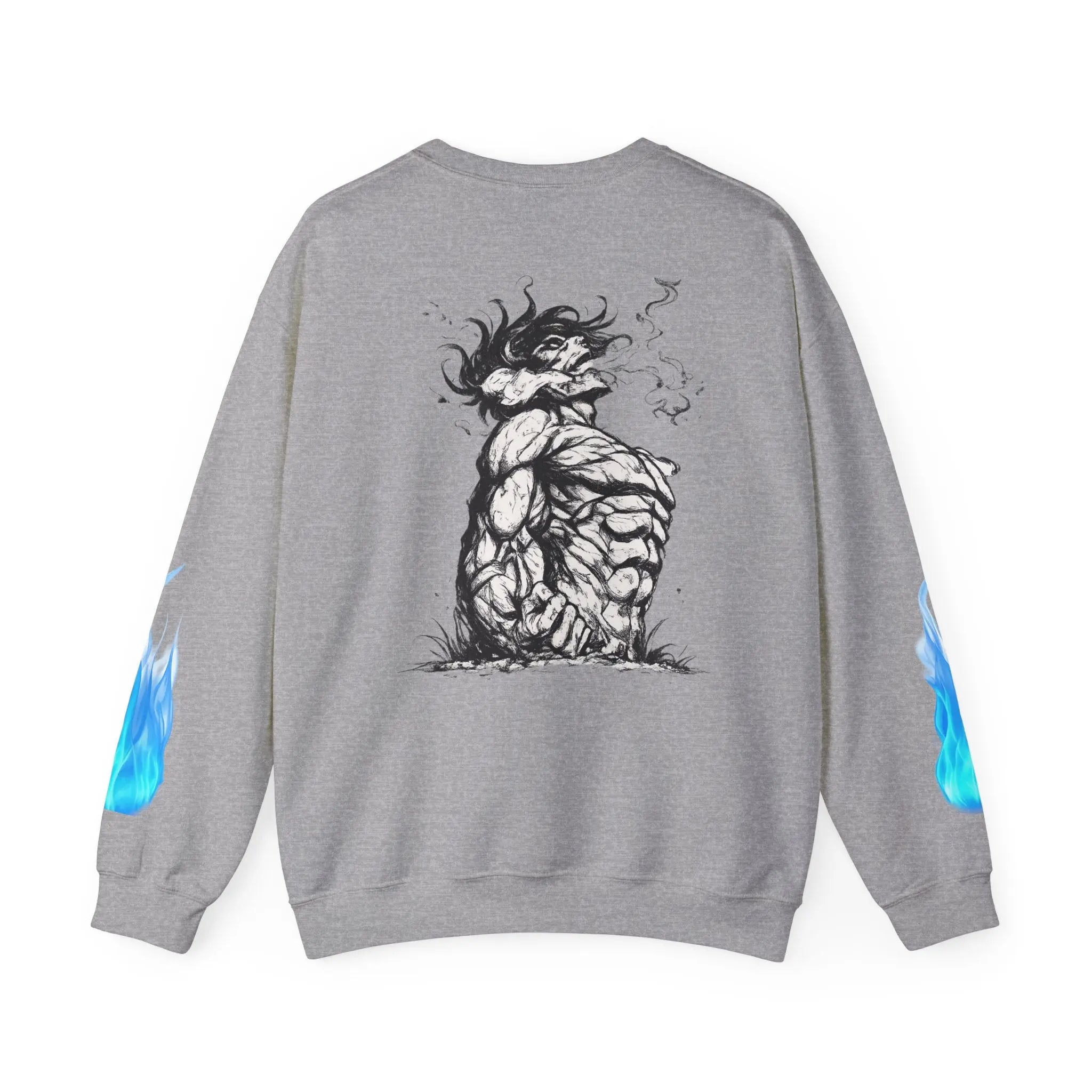 Anime Titan Graphic Sweatshirt — Blue Flame Sleeve Crewneck Printify