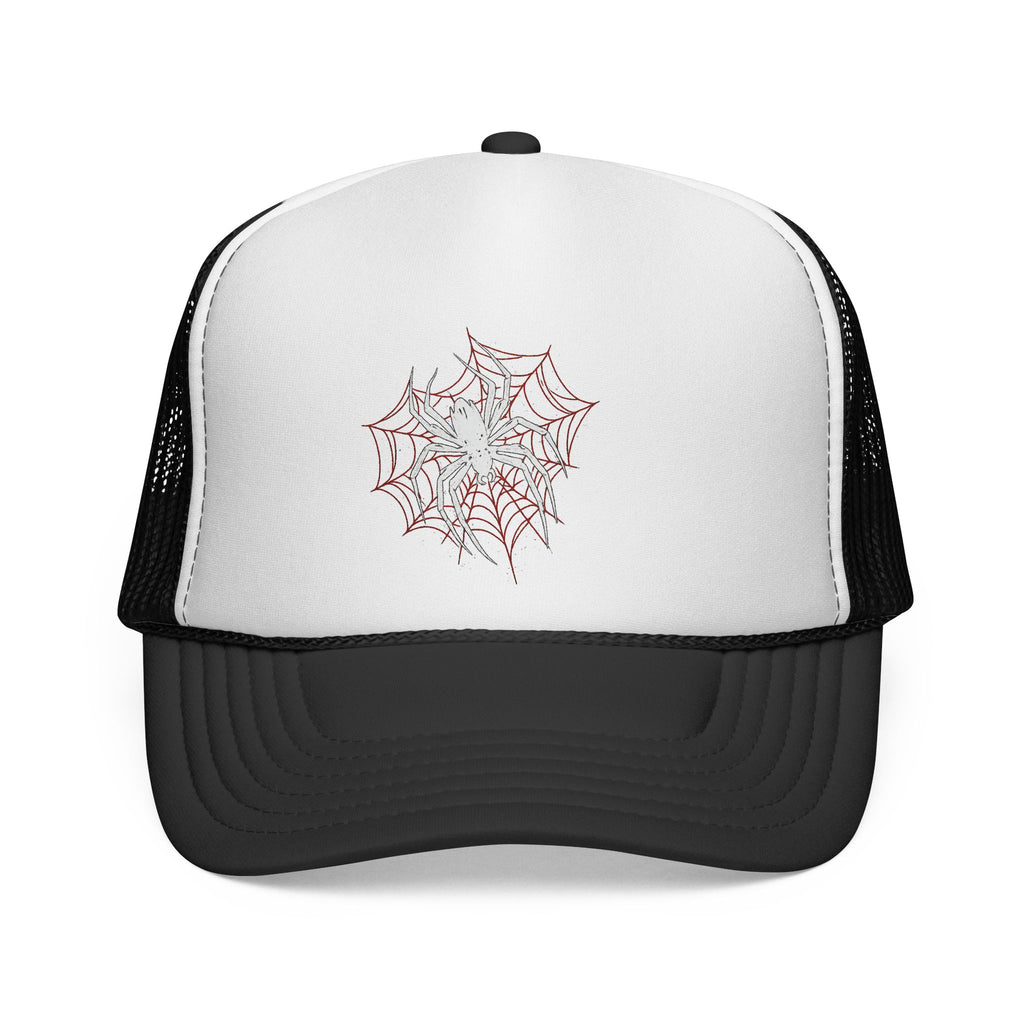 Spider Web Trucker Cap — Gothic Halloween Mesh Hat with Red Accents Printify