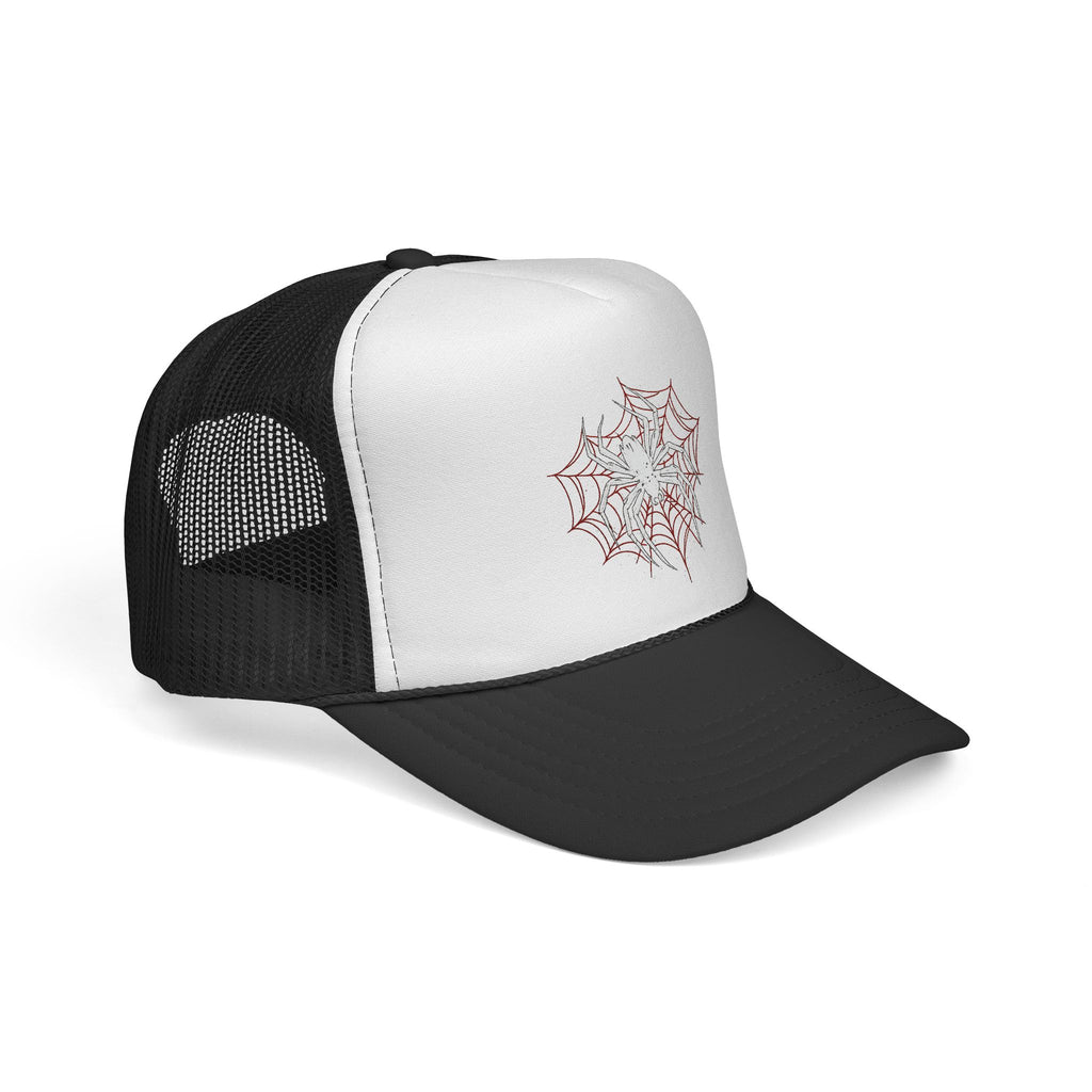 Spider Web Trucker Cap — Gothic Halloween Mesh Hat with Red Accents Printify