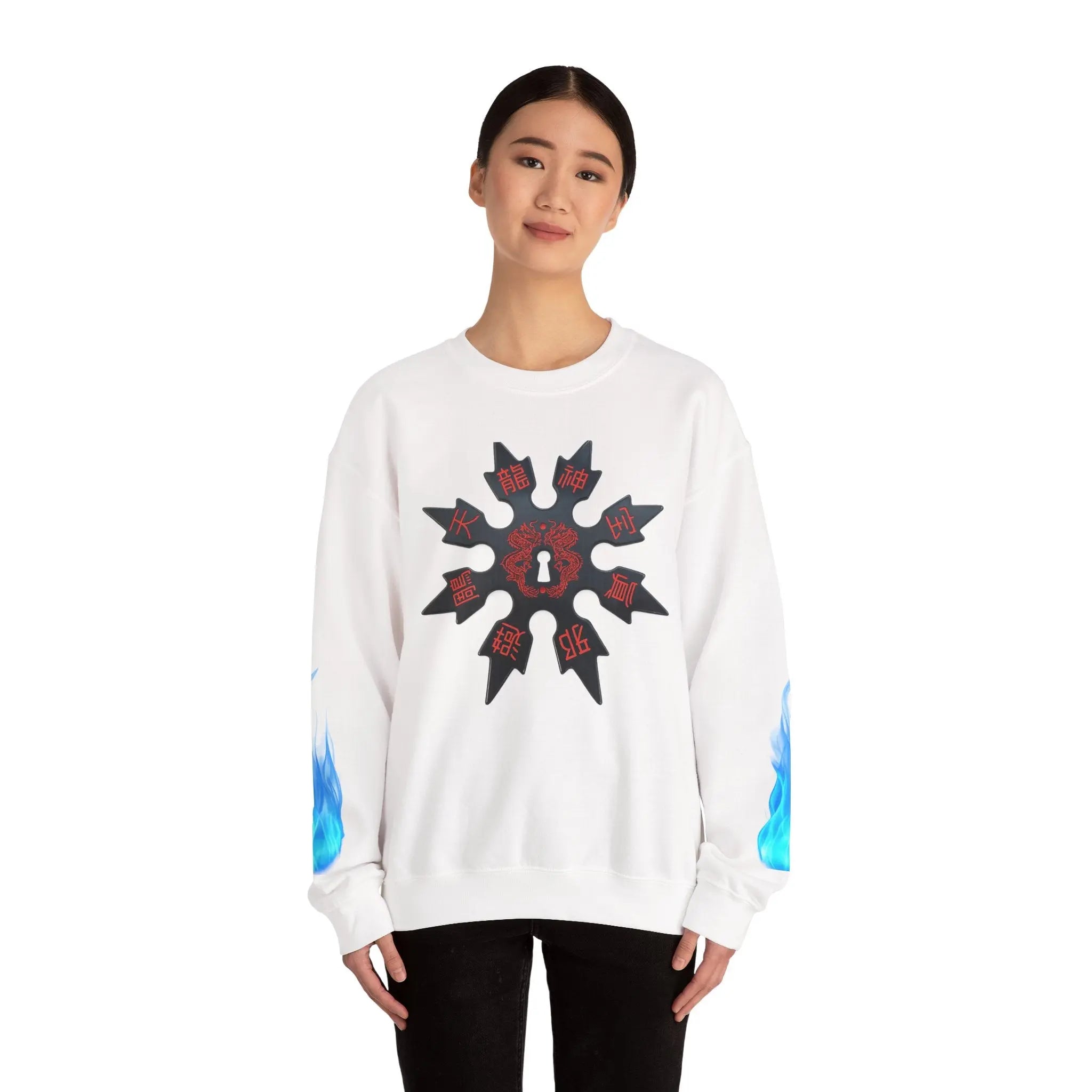 Anime Titan Graphic Sweatshirt — Blue Flame Sleeve Crewneck Printify