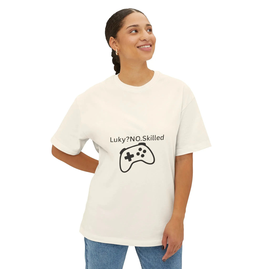 Gaming Controller Tee - "Luky? NO. Skilled" Oversized Boxy T-Shirt Printify