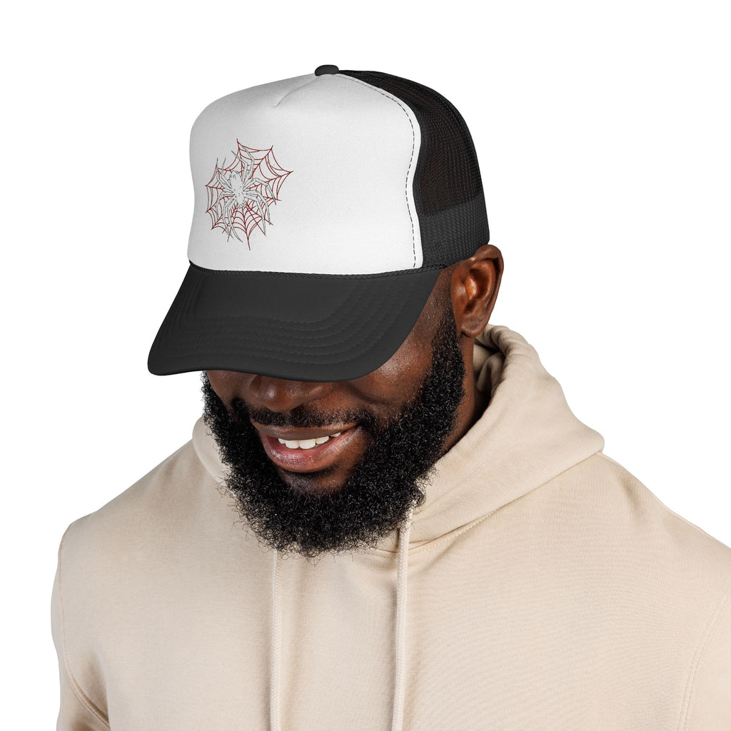 Spider Web Trucker Cap — Gothic Halloween Mesh Hat with Red Accents Printify
